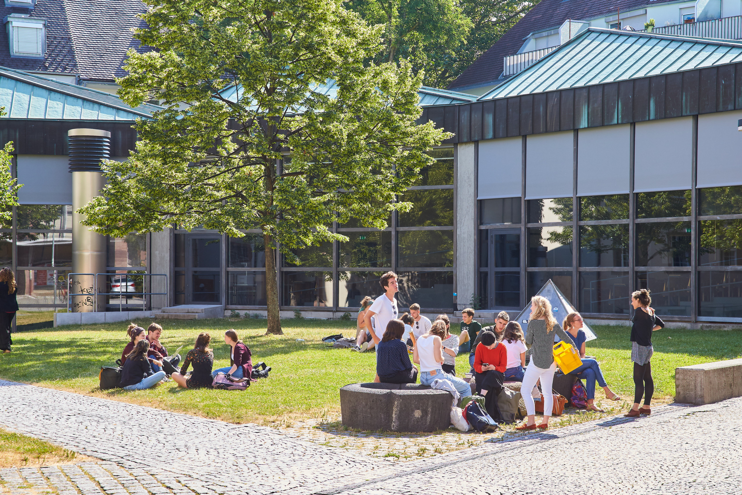 Die Studenten sitzen und unterhalten sich unter die Sonne.
