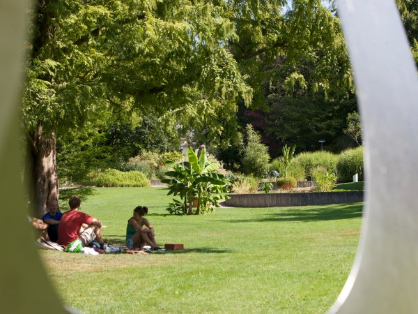 Wiese des Botanischen Garten auf dem Studierende sitzen