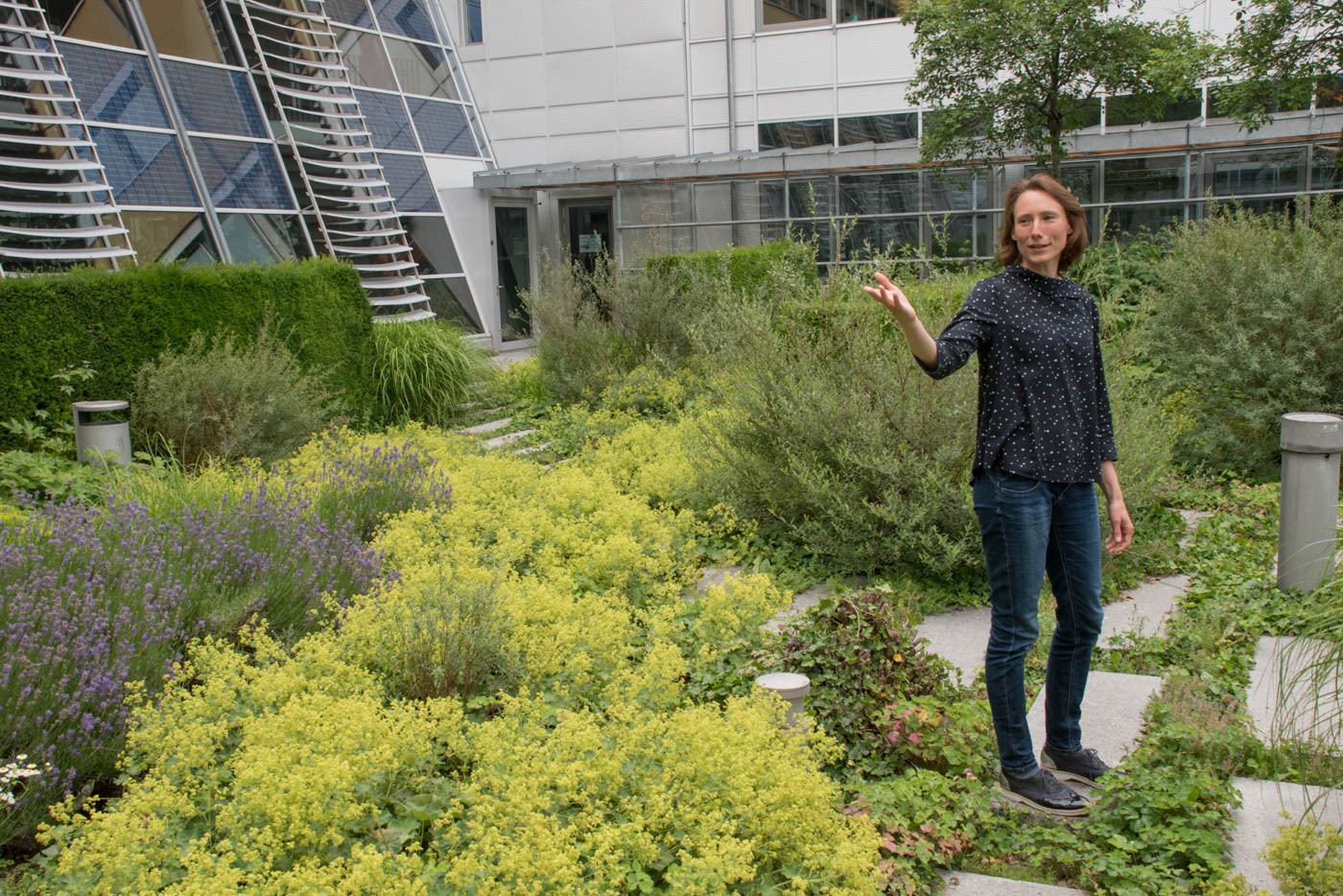 Frau Weidlich weist den Weg durch den Garten