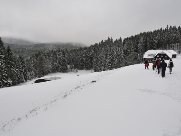 Schneebedeckte Landschaft mit Hütte im Hintergrund